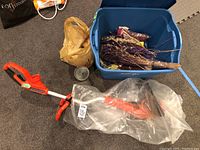 Overview of Black and Decker electric edge trimmer, blue bin with dry flowers, yellow bag, and small black container placed on carpeted floor.