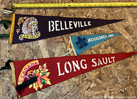 Photo shows three vintage Canadian pennants from Belleville, Moosonee, and Long Sault on a plywood background with a measuring tape above for scale.