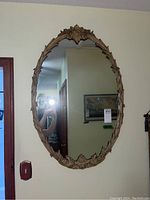 Full front view of the ornate oval mirror hanging on the wall, showing the detailed carved frame and reflective surface.