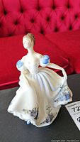 Side-angle view of the Royal Doulton Beatrice figurine showing dress details and floral patterns