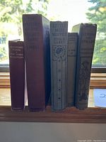 Six vintage books standing upright on windowsill with visible titles on spines, showing condition and binding colors.