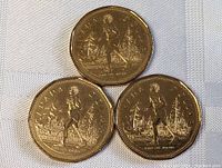 Three 2005 Canadian one dollar coins with Terry Fox running design arranged on white backdrop.