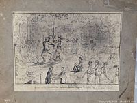 Full view of antique print showing outdoor scene of patients in Kingston's Rockwood Lunatic Asylum with many human figures in detailed line art and aged backing.