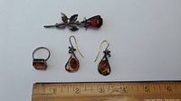Photo showing the full lot: silver ring with amber stone, amber rose-shaped brooch, and amber drop earrings alongside a ruler for scale.