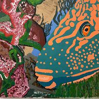 Close-up detail of the aquatic painting showing fish head and coral with textured brush strokes