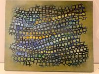 Front view of the oil on canvas painting showing the abstract grid pattern with shades of blue, yellow and green on an olive background.