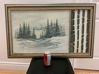 Full view of the original vintage oil painting featuring a winter landscape and adjacent decorative birch tree panel, both framed in a custom-made double frame.