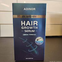 Full front view of the dark blue box of Adinor 5% minoxidil hair growth serum showing key branding and product info.