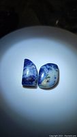 Two polished natural blue sodalite gemstones on a white background under spotlight, showing color and cut details.