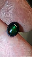 Close-up photo of the oval cabochon black opal held between fingers showing green and some orange flashes.