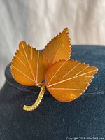 Close-up photo focusing on translucent amber leaves with visible veins and textured gold stem.
