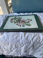 Photo of placemat showing full view with green border and illustration of birds and flowers