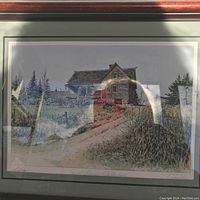 Photo of framed and signed print showing a countryside house scene titled 'Saint Domaine Bellechase'.