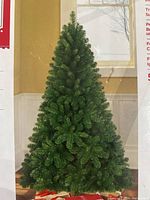 Photo of the fully assembled Christmas tree indoors with green, dense foliage and a conical shape.