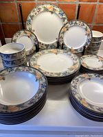 Full display of all 40 pieces including plates and bowls on countertop