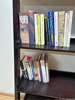 Front view of bookshelf with a variety of hardcover and paperback books including Edgar Allan Poe, Ourselves, and others.