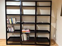 Front view of three connected leaning shelf panels with several books placed on some shelves, showcasing shelf orientation and dark wood finish.