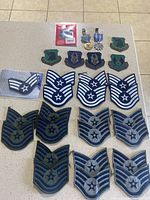 Top-down photo showing a layout of USAF patches and two medals on a light surface.
