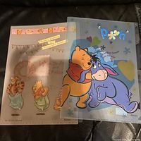 Two translucent folders featuring Winnie the Pooh, Eeyore, Piglet, Tigger with pastel colors and character illustrations