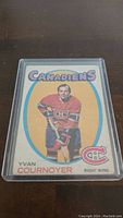 Front of 1971-72 OPC Yvan Cournoyer #15 hockey card in protective case on dark surface.