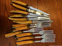 Photo showing laid out forks and serrated knives with brown handles