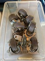 Eight metal casters with swivel rubber wheels inside clear plastic bin.
