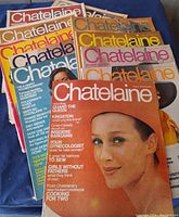 Photo showing 13 vintage Chatelaine magazines with colorful covers in varying shades and featuring portraits of women and text about topics from the early 1970s.