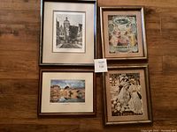 Four framed prints arranged on floor including Bewdley Bridge, two T. Eaton prints and Rothenburg Tauber