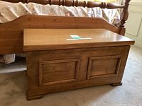Wooden chest front view showing two recessed panels and flat top.