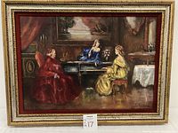 Full front view of the framed oil painting showing the three women in period costumes inside an elegant room.