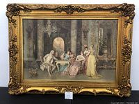 Full view of large framed wall art showing detailed 18th-century indoor social scene with chess game and figures in period costume.