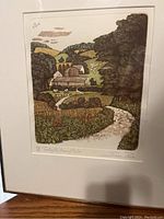 Framed 20x16 block print showing a scenic footpath through fields and farm buildings with trees and sky.