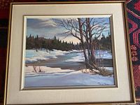 Full-frontal view of the framed oil painting showing composition, frame and mat.