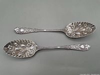 Two ornate berry spoons placed side by side, showing detailed floral and berry decoration throughout handle and bowl, silver-toned metal finish.