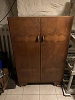 Front view of closed wooden wardrobe showing natural wood grain finish on the doors with integrated handles.