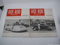 Two Hot Rod magazines from 1949, October and November issues, showing covers with cars and some wear/damage.