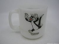 Side view of milk glass cup showing Sylvester the Cat character with raised paws and expression, printed in black, white and red on white milk glass.