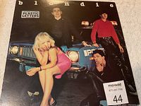 Close-up photo of Blondie Plastic Letters vinyl album cover with band members and title visible.