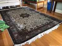 Full view of 6×9 rug on hardwood floor showing overall design and fringed ends
