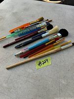 Photo of a collection of 12 artist paint brushes of various sizes and styles laid out on a grey surface with a small green sticker labeled #224.