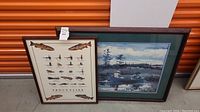 Overview of two framed pictures: the Trout Flies illustration and the canoe fishing watercolor.