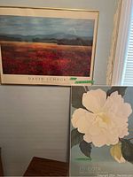Framed David Schock "French Poppy Fields" print visible on wall with Ed Cota print leaning against wall