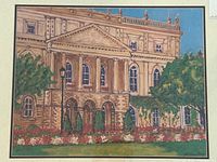 Close-up of print showing neoclassical façade of Osgoode Hall with columns, trees and flower beds
