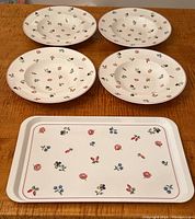 All four bowls arranged around plastic tray on wood table