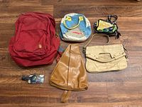 Top-down view of all five bags showing colors and shapes