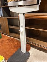 Photo of the doctors scale showing the white vertical support and textured black platform on an orange carpet background