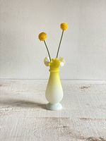 Front view of antique Victorian satin glass vase with yellow to white ombre and decorative ruffled top with petal accents.