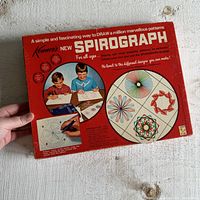 Original Kenner Spirograph box front with vintage graphics and examples of spirograph drawn patterns.