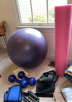 Photo showing large purple balance ball, pink foam roller, two blue hand weights, blue ankle or wrist weights, and a black resistance band on carpeted floor near window.