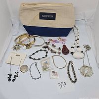 Full overview of canvas bag and assortment of costume jewelry including bracelets, earrings, pins, chains, and pendants.